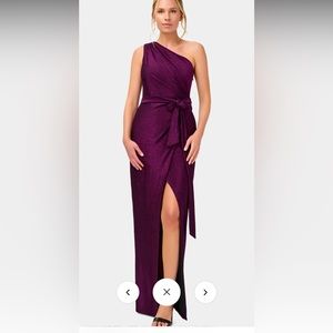 One shoulder faux wrap shimmer dress